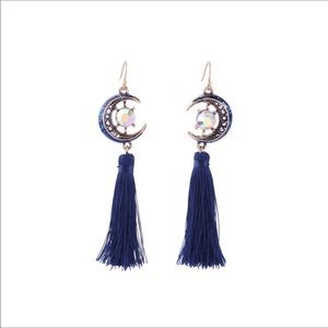 Swarovski Navy Moon French Tassel Earrings New